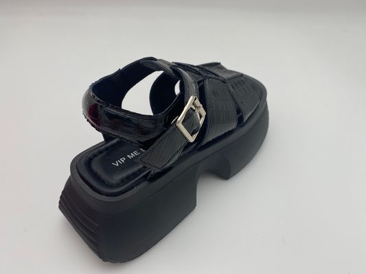 Donne estive, scarponi neri con suola spessa, con bottone in metallo, in pelle autentica, estiva.